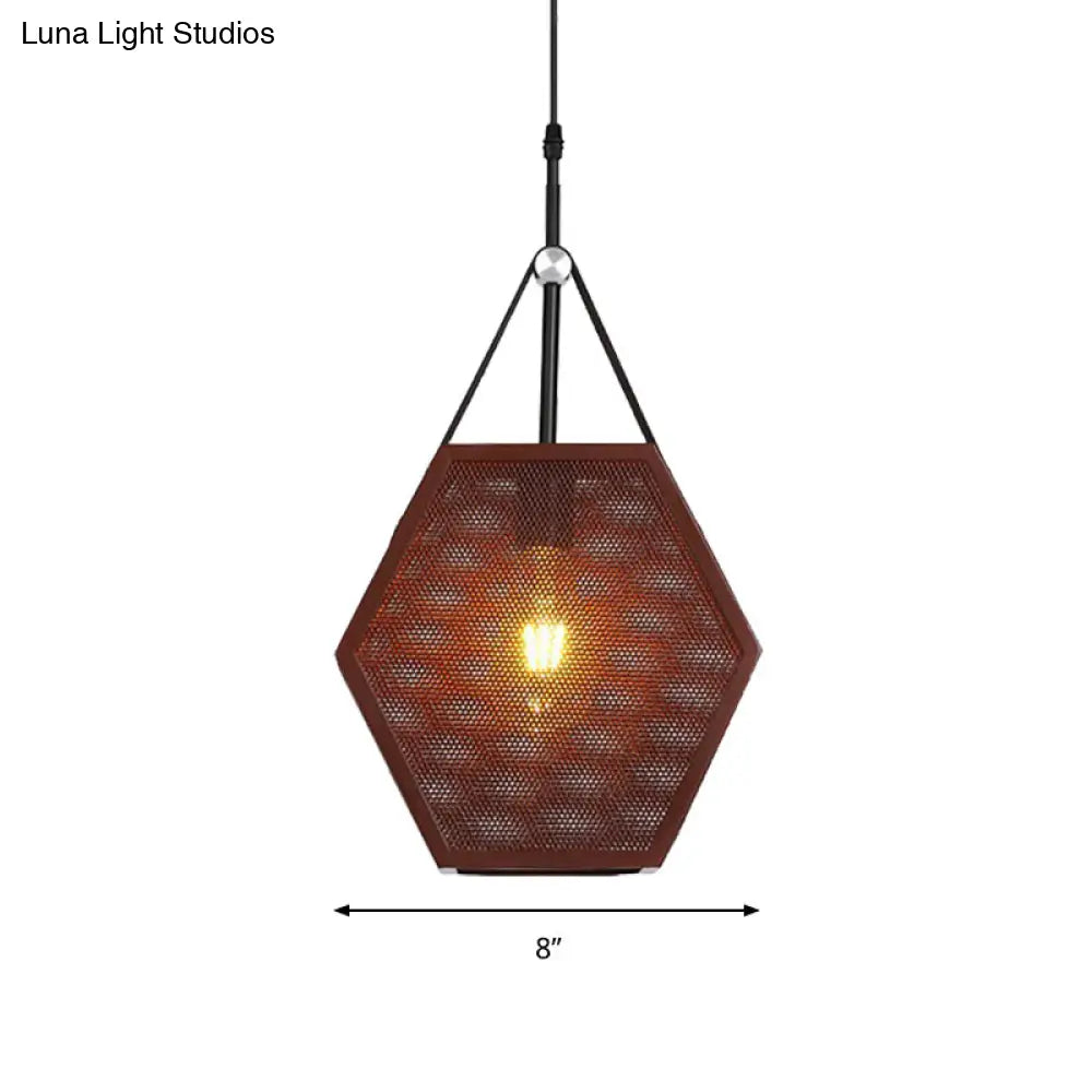 Hollow Hexagon Shape Hanging Lamp - Industrial Metallic Pendant Light For Restaurant (Brown 1 Head)