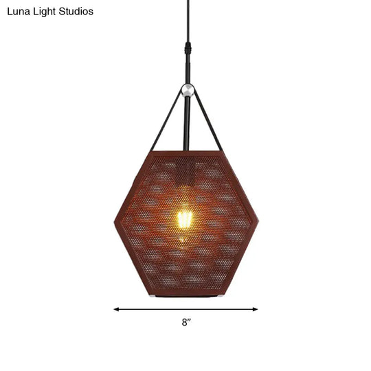 Hollow Brown Hexagon Hanging Lamp - Industrial Pendant Light For Restaurants