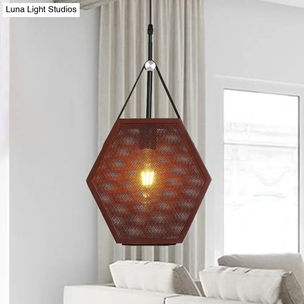 Hollow Brown Hexagon Hanging Lamp - Industrial Pendant Light For Restaurants