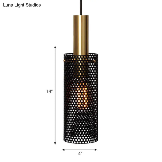 Hollow Design Cylinder Hanging Lamp - Black/White Metal Pendant With 1 Light