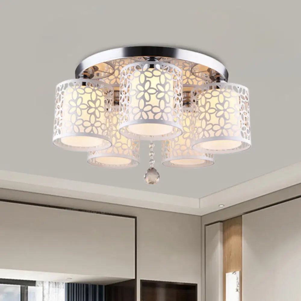 Hollow - Out Cylinder Ceiling Flush Mount With White Finish And Cream Glass Shade - Modern 5 - Head