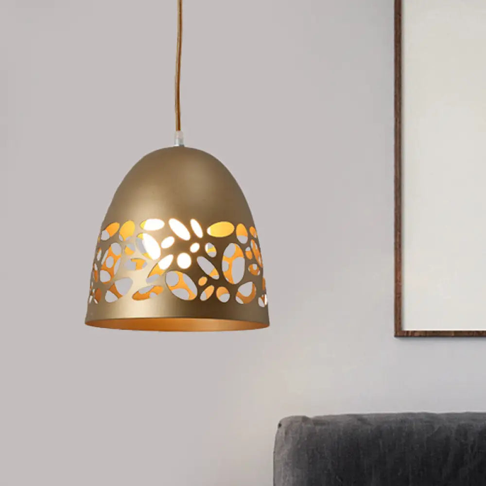 Hollow Out Design Gold Finish Ceiling Light: Modern Domed Metal Pendant With 1-Bulb