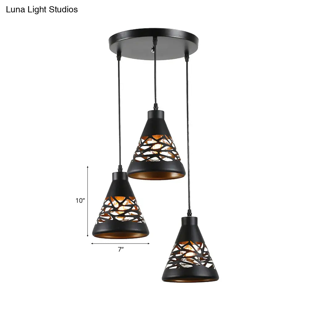 Hollow Out Industrial Ceiling Light - Black Conical Hanging With 3 Lights