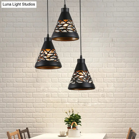Industrial Conical Hanging Light - Black With Hollow Out Design (3 Lights)