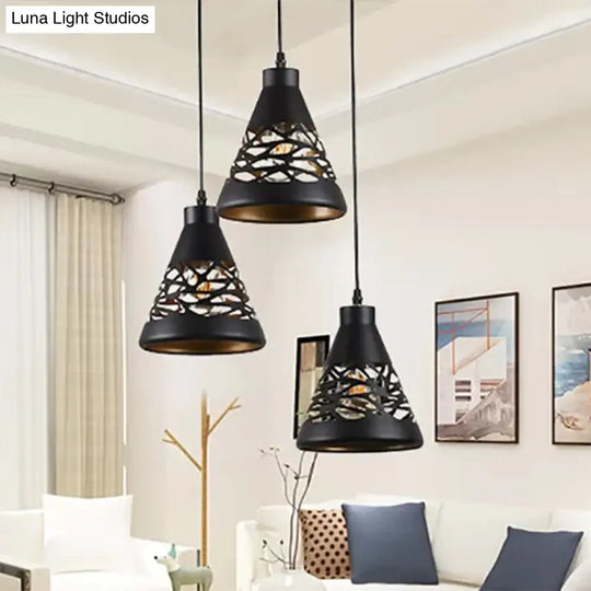 Industrial Conical Hanging Light - Black With Hollow Out Design (3 Lights)