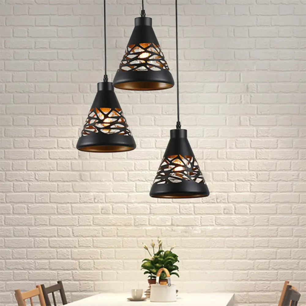 Hollow Out Industrial Ceiling Light - Black Conical Hanging With 3 Lights