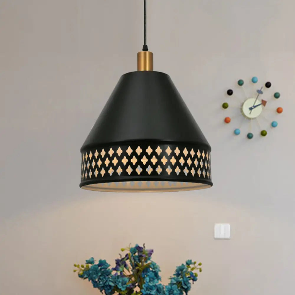 Hollow Out Industrial Style Metal Pendant Light Fixture - Conic Design Black Finish