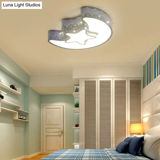 Hollow Star Moon Led Ceiling Lamp For Kids Room - Eye-Caring Cartoon Flush Mount Light Blue / White