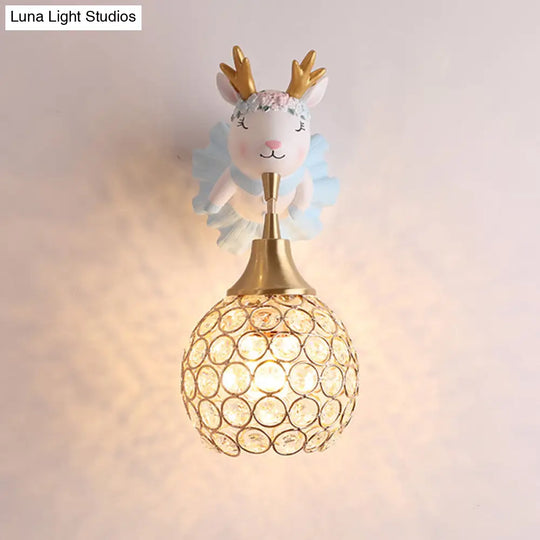 Hollowed Ball Crystal 1 Head Wall Mount Light With Animal Decor - Artistic Bedside Fixture