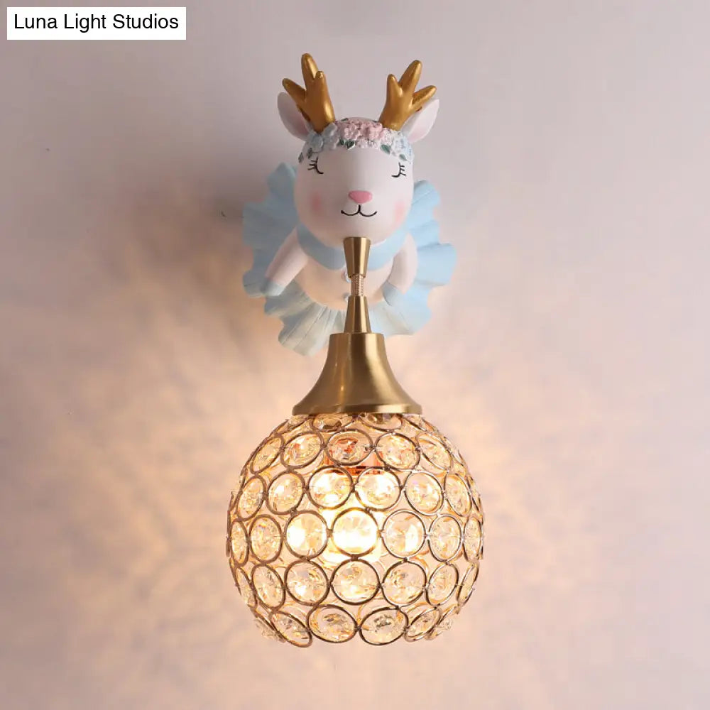 Hollowed Ball Crystal 1 Head Wall Mount Light With Animal Decor - Artistic Bedside Fixture