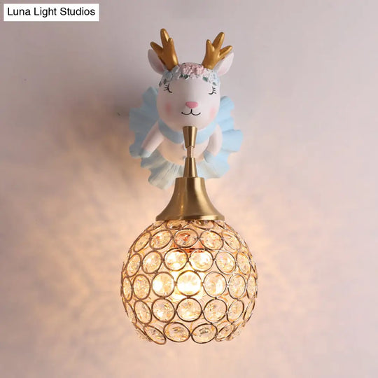 Hollowed Ball Crystal 1 Head Wall Mount Light With Animal Decor - Artistic Bedside Fixture