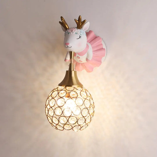 Hollowed Ball Crystal 1 Head Wall Mount Light With Animal Decor - Artistic Bedside Fixture Pink / A