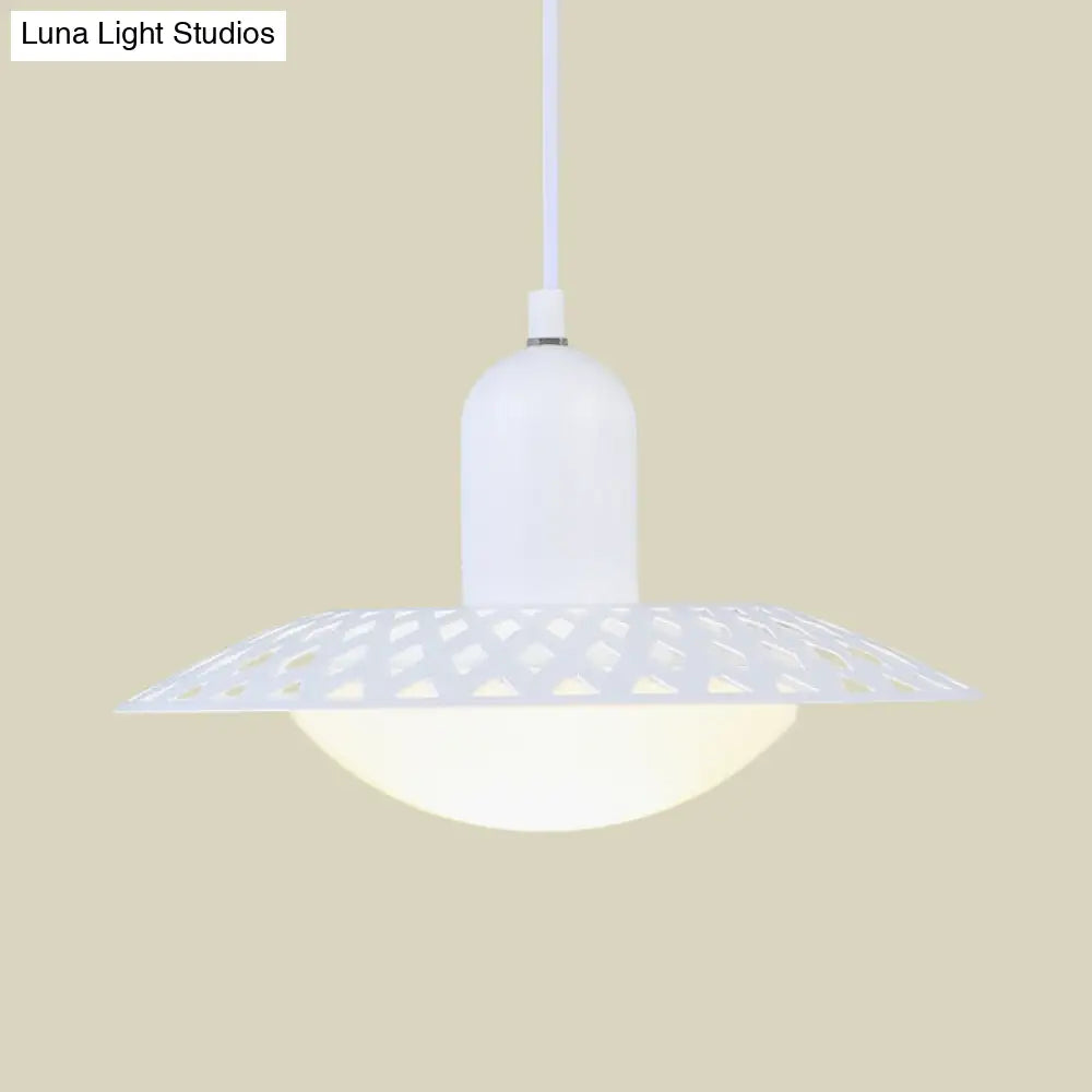 Modern White Finish Pendant Ceiling Lamp With Dome Acrylic Shade Hollowed Dosa Design 1 Head Metal