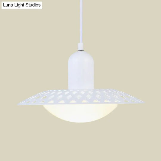 Modern White Finish Pendant Ceiling Lamp With Dome Acrylic Shade Hollowed Dosa Design 1 Head Metal