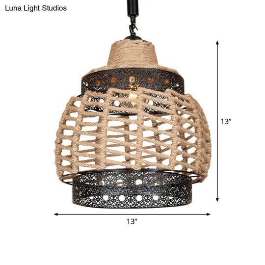 Hollowed-Out Brown Lantern Pendant Light With Hand-Wrapped Rope