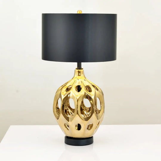 Hollowed Out Ceramic Jar Nightstand Lamp - Retro 1-Bulb Table Lighting In Gold/Rose Gold With Black