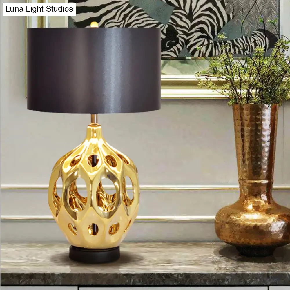 Hollowed Out Ceramic Jar Nightstand Lamp - Retro 1-Bulb Table Lighting In Gold/Rose Gold With Black