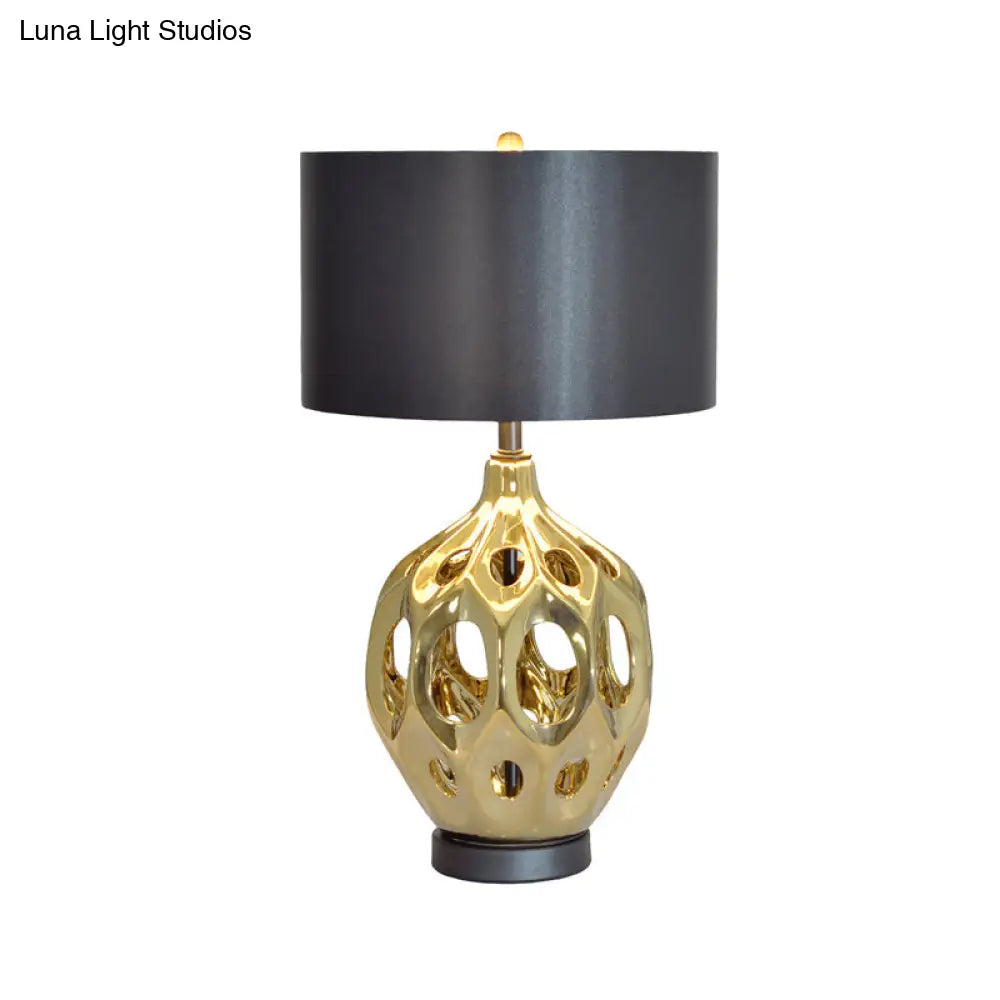 Hollowed Out Ceramic Jar Nightstand Lamp - Retro 1-Bulb Table Lighting In Gold/Rose Gold With Black