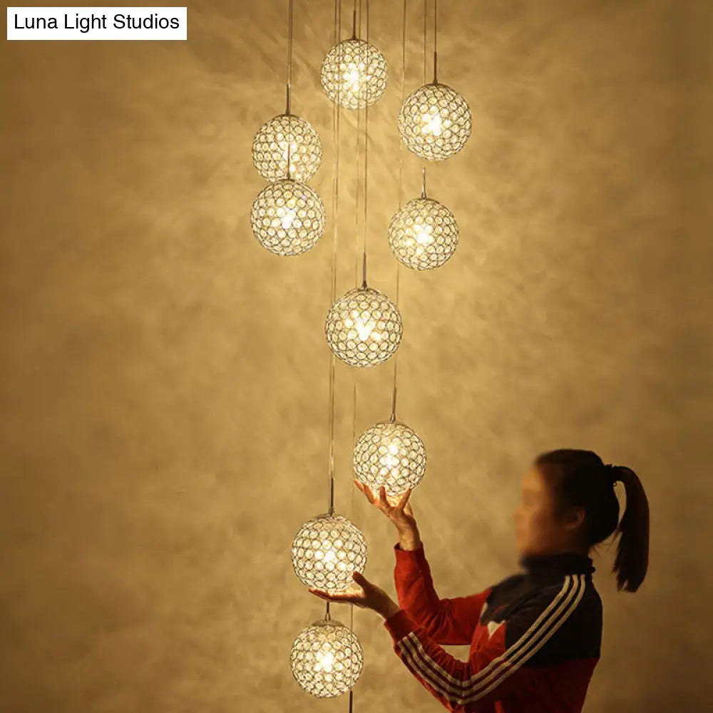 Hollowed-Out Metallic Ceiling Lamp With 10 Bulbs For Staircases In Silver