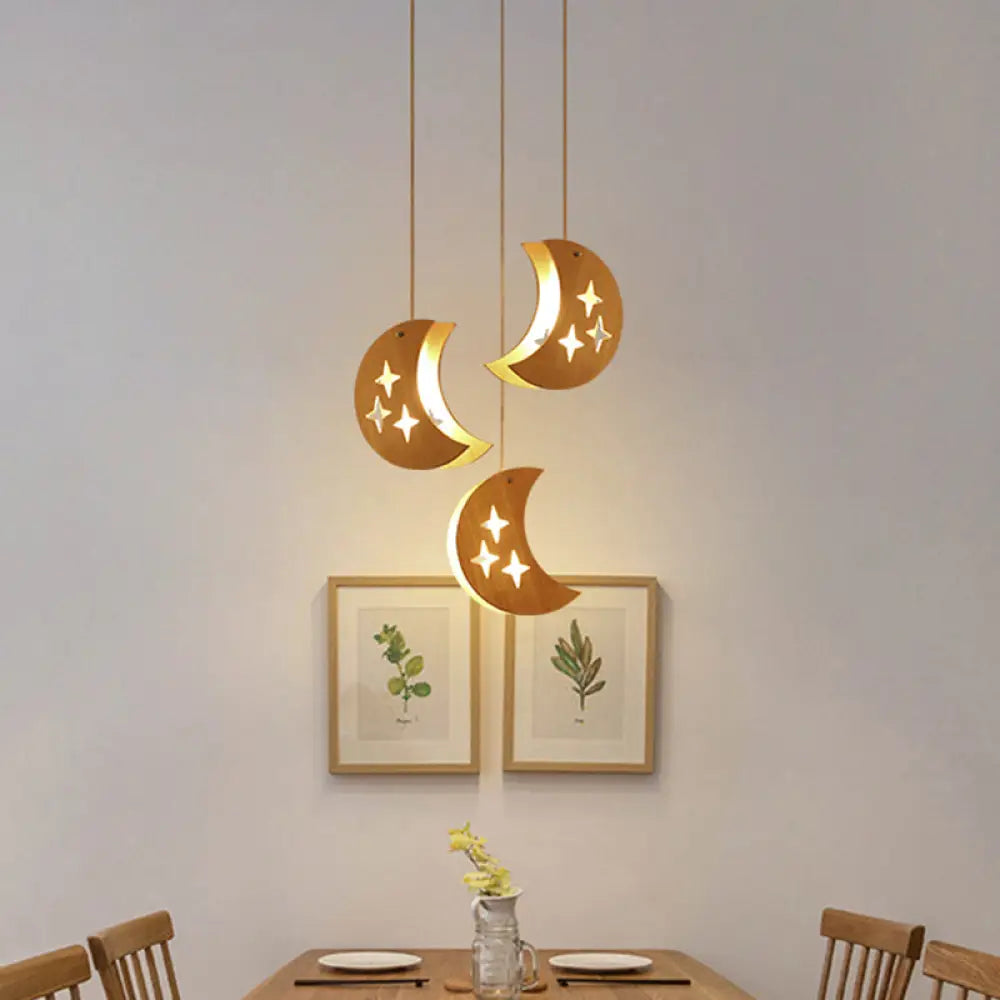 Hollowed-Out Wooden Pendant Light – Minimalist 3-Bulb Beige Hanging Fixture For Dining Room Wood