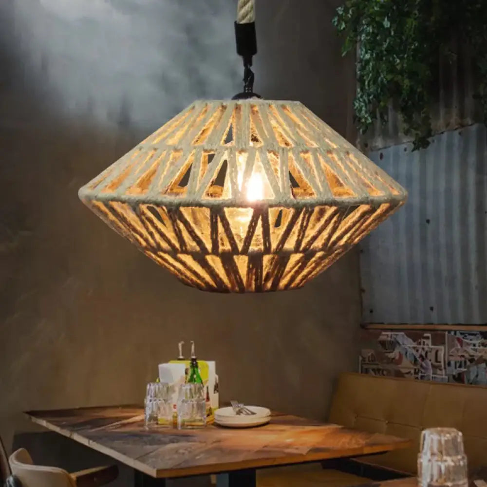 Hollowed Pendant Rustic Brown Jute Rope Ceiling Lamp With Flying Saucer Design - 1 Light