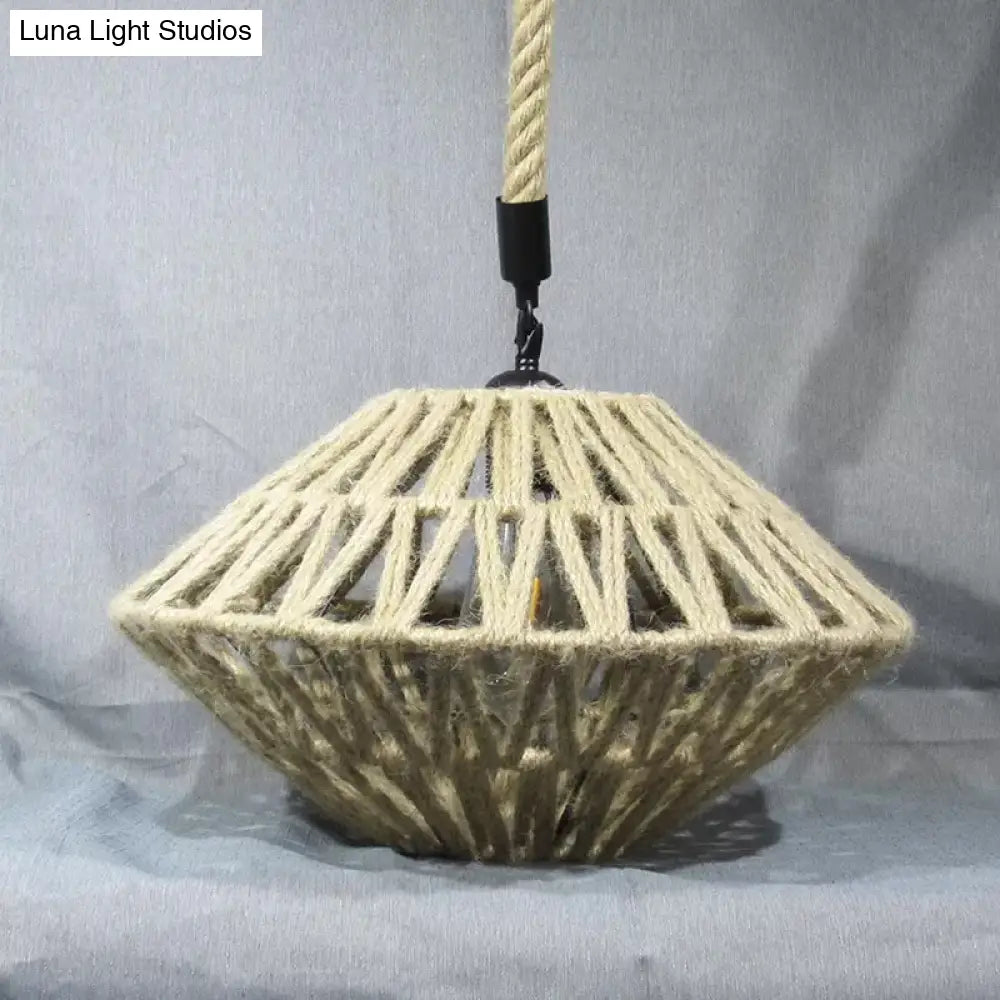 Hollowed Pendant Rustic Brown Jute Rope Ceiling Lamp With Flying Saucer Design - 1 Light