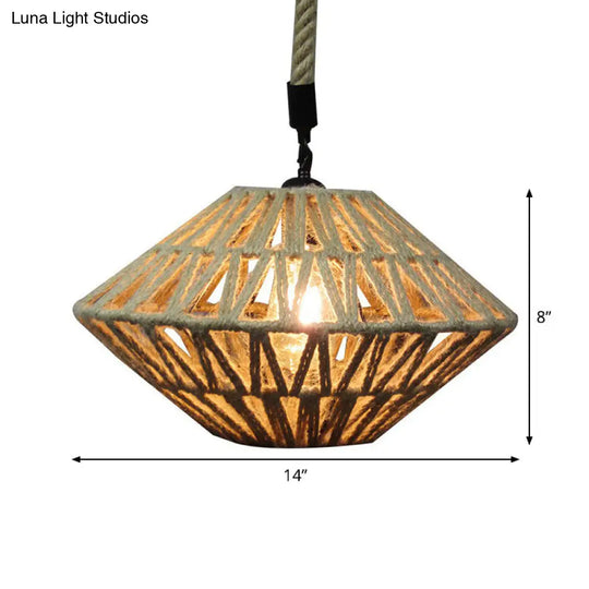 Hollowed Pendant Rustic Brown Jute Rope Ceiling Lamp With Flying Saucer Design - 1 Light