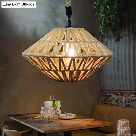 1-Light Rustic Brown Flying Saucer Pendant Lamp With Jute Rope Suspension