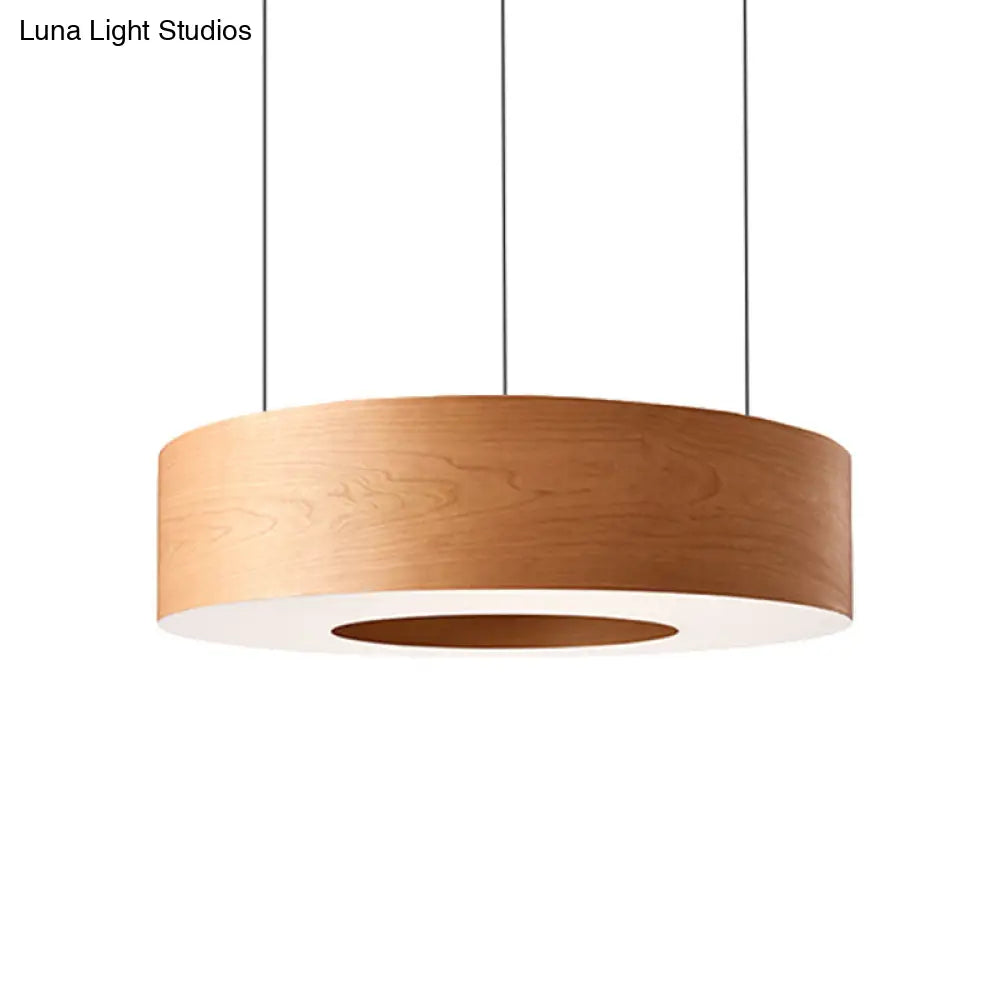 Sleek Brown Round Led Pendant Light Wooden Hanging Ceiling Fixture For Restaurants