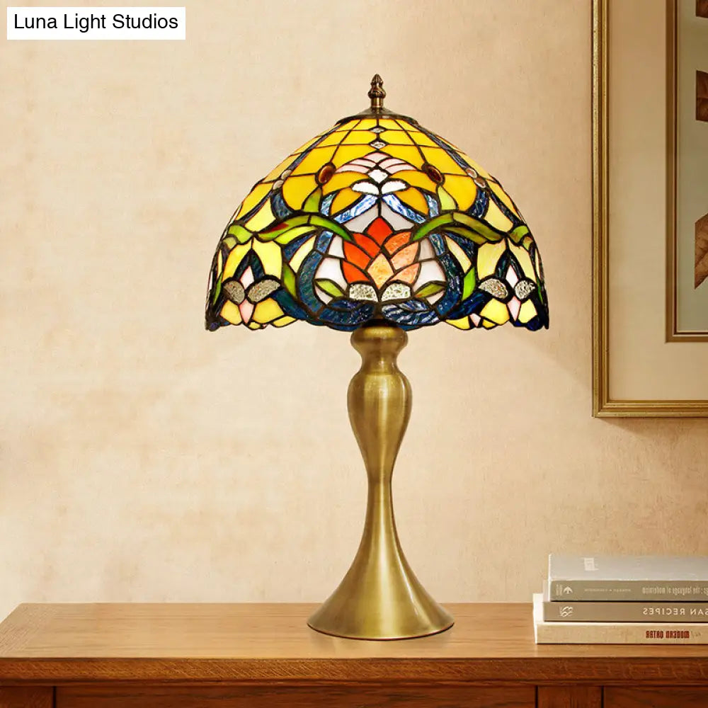 Brushed Brass Nightstand Table Lamp With Tiffany Floral Glass Bowl Shade