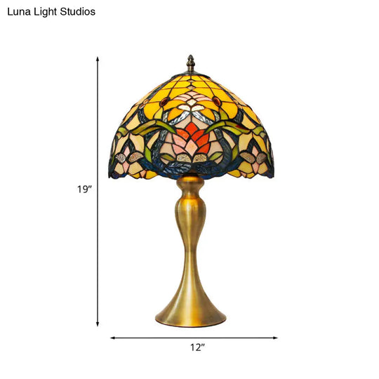 Brushed Brass Nightstand Table Lamp With Tiffany Floral Glass Bowl Shade