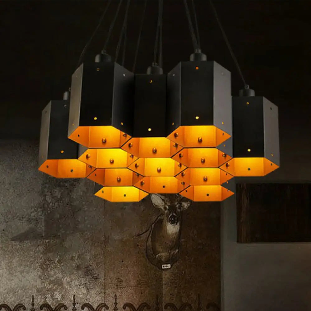 Honeycomb Bistro Pendant Light - Industrial Metal Black Suspension Fixture 13 /