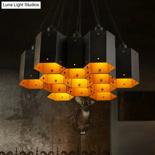 Honeycomb Bistro Pendant Light - Industrial Metal Black Suspension Fixture