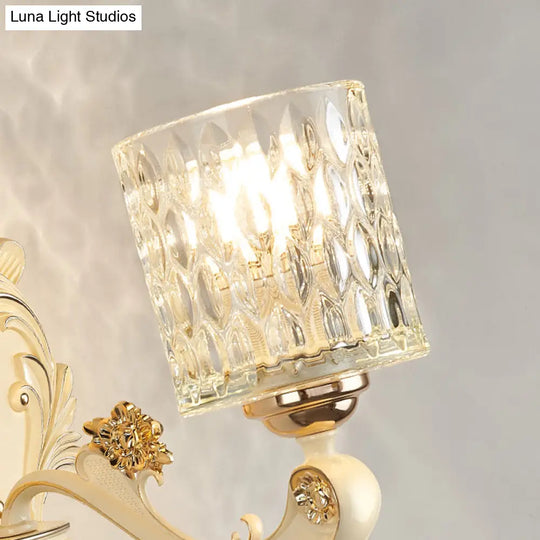 Honeycomb Glass Wall Light With Clear Cylinder Shade - Vintage 1/2 Lights Mount Lamp In Beige