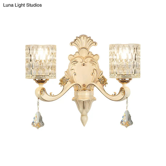 Honeycomb Glass Wall Light With Clear Cylinder Shade - Vintage 1/2 Lights Mount Lamp In Beige