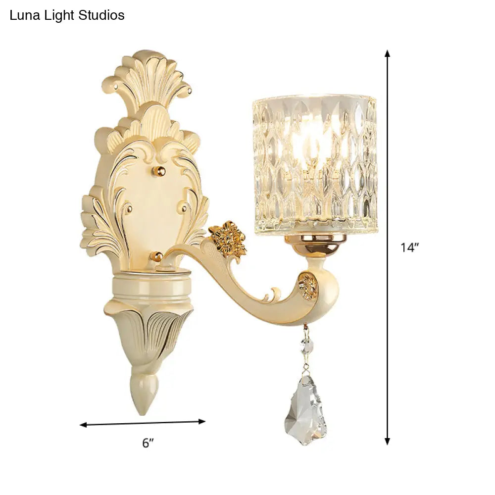 Honeycomb Glass Wall Light With Clear Cylinder Shade - Vintage 1/2 Lights Mount Lamp In Beige