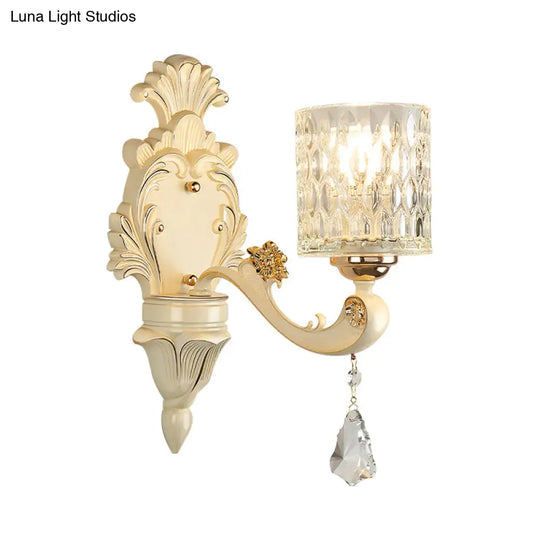 Honeycomb Glass Wall Light With Clear Cylinder Shade - Vintage 1/2 Lights Mount Lamp In Beige