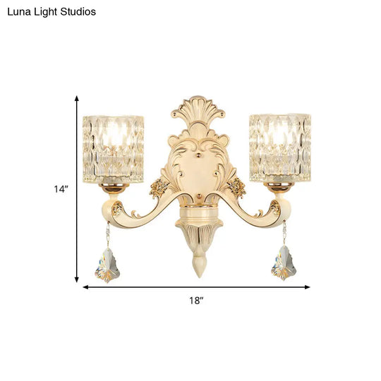 Honeycomb Glass Wall Light With Clear Cylinder Shade - Vintage 1/2 Lights Mount Lamp In Beige