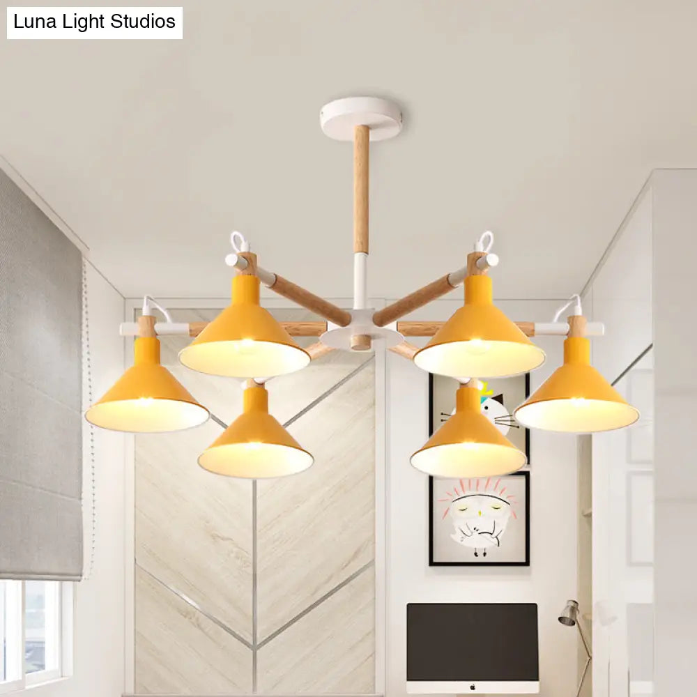 Horn Shape Hanging Pendant Chandelier With Wood And Metal Accents - 6 Bulbs Macaroon-Inspired Ideal