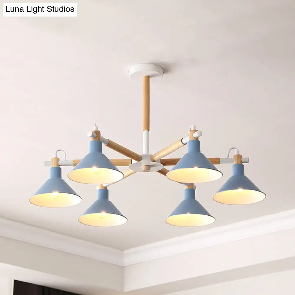 Horn Shape Hanging Pendant Chandelier With Wood And Metal Accents - 6 Bulbs Macaroon-Inspired Ideal