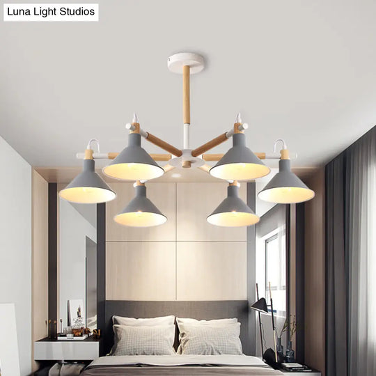 Horn Shape Hanging Pendant Chandelier With Wood And Metal Accents - 6 Bulbs Macaroon-Inspired Ideal