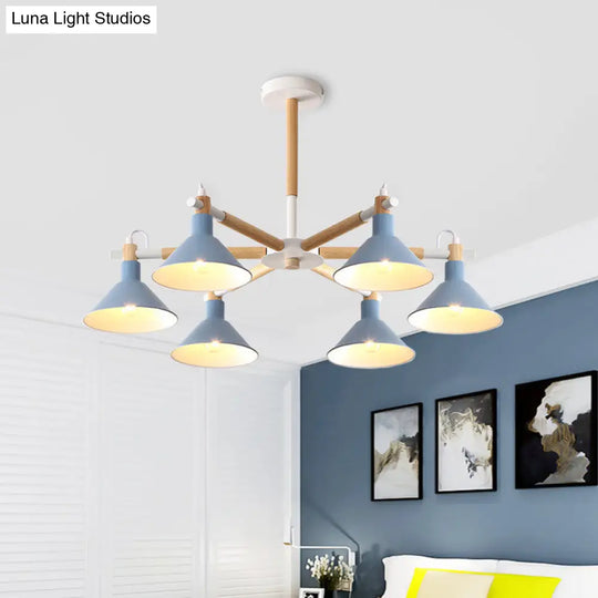 Horn Shape Hanging Pendant Chandelier With Wood And Metal Accents - 6 Bulbs Macaroon-Inspired Ideal