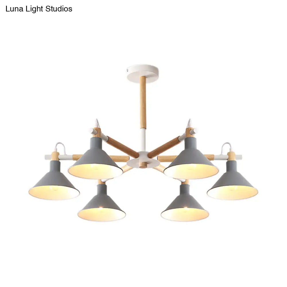 Horn Shape Hanging Pendant Chandelier With Wood And Metal Accents - 6 Bulbs Macaroon-Inspired Ideal