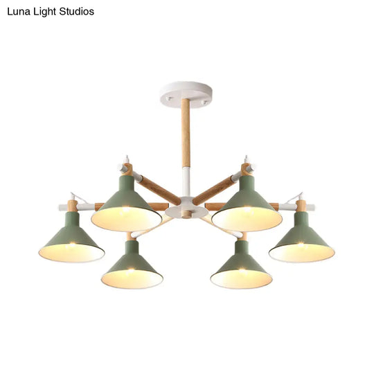 Horn Shape Hanging Pendant Chandelier With Wood And Metal Accents - 6 Bulbs Macaroon-Inspired Ideal