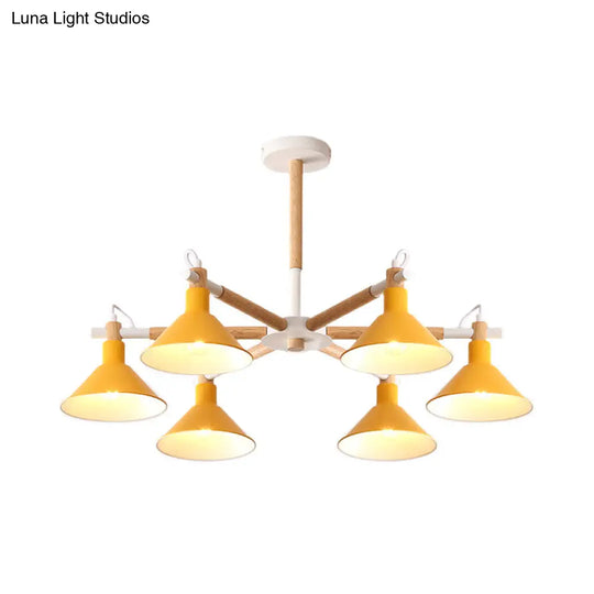 Horn Shape Hanging Pendant Chandelier With Wood And Metal Accents - 6 Bulbs Macaroon-Inspired Ideal