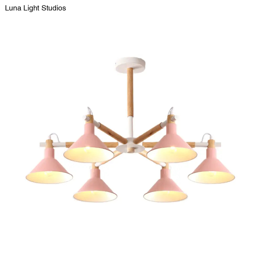 Horn Shape Hanging Pendant Chandelier With Wood And Metal Accents - 6 Bulbs Macaroon-Inspired Ideal