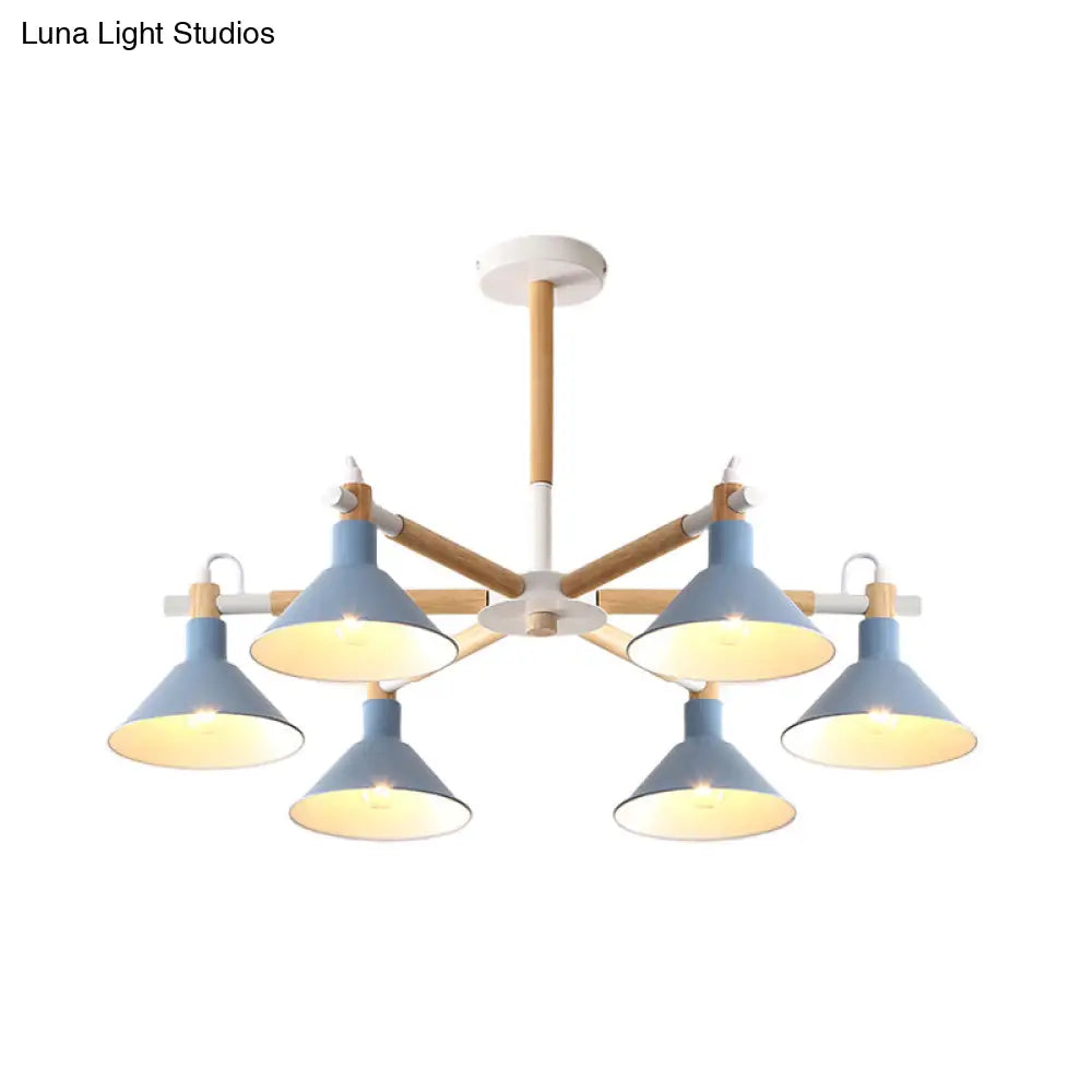 Horn Shape Hanging Pendant Chandelier With Wood And Metal Accents - 6 Bulbs Macaroon-Inspired Ideal