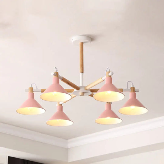 Horn Shape Hanging Pendant Chandelier With Wood And Metal Accents - 6 Bulbs Macaroon-Inspired Ideal