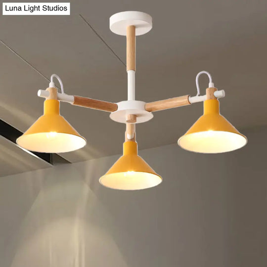 Horn Shape Pendant Lights - Macaroon Metal & Wood Fixture 3 Bulbs For Dining Room Kid Bedroom