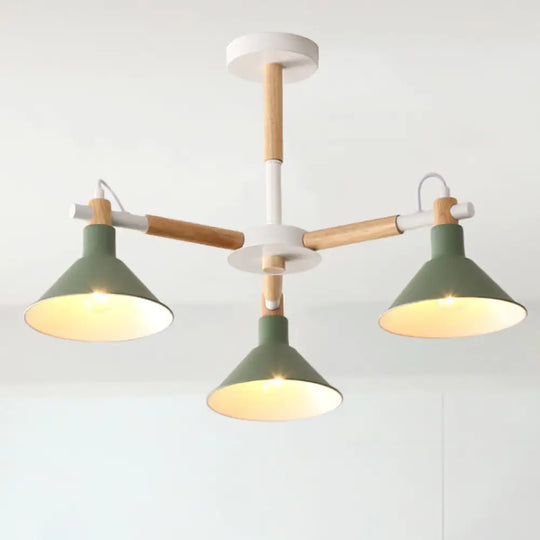 Horn Shape Pendant Lights - Macaroon Metal & Wood Fixture 3 Bulbs For Dining Room Kid Bedroom Green